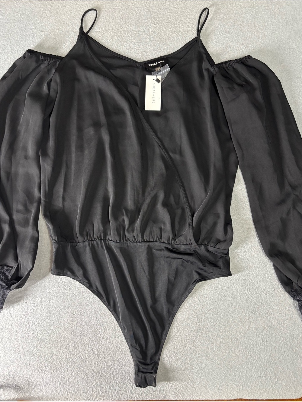 Sugarlips Black Sheer Cold-Shoulder Wrap Bodysuit